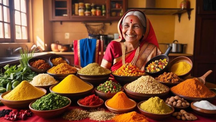 India’s Secret Superfoods_ Unlocking the Health Benefits of Regional Treasures with a indian old lady showcasing these_______ Regional superfoods of India